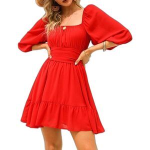 Lantern Sleeve Tie Back Casual Dress Ruffled Off Shoulder A-Line Red (89)